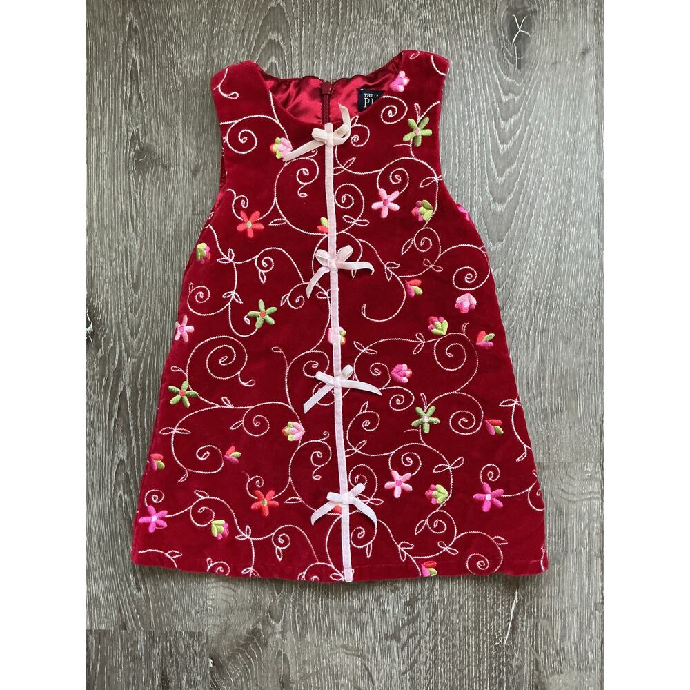 Vintage Children's‎ Place Sleeveless Red Velour Floral Embroidered Dress